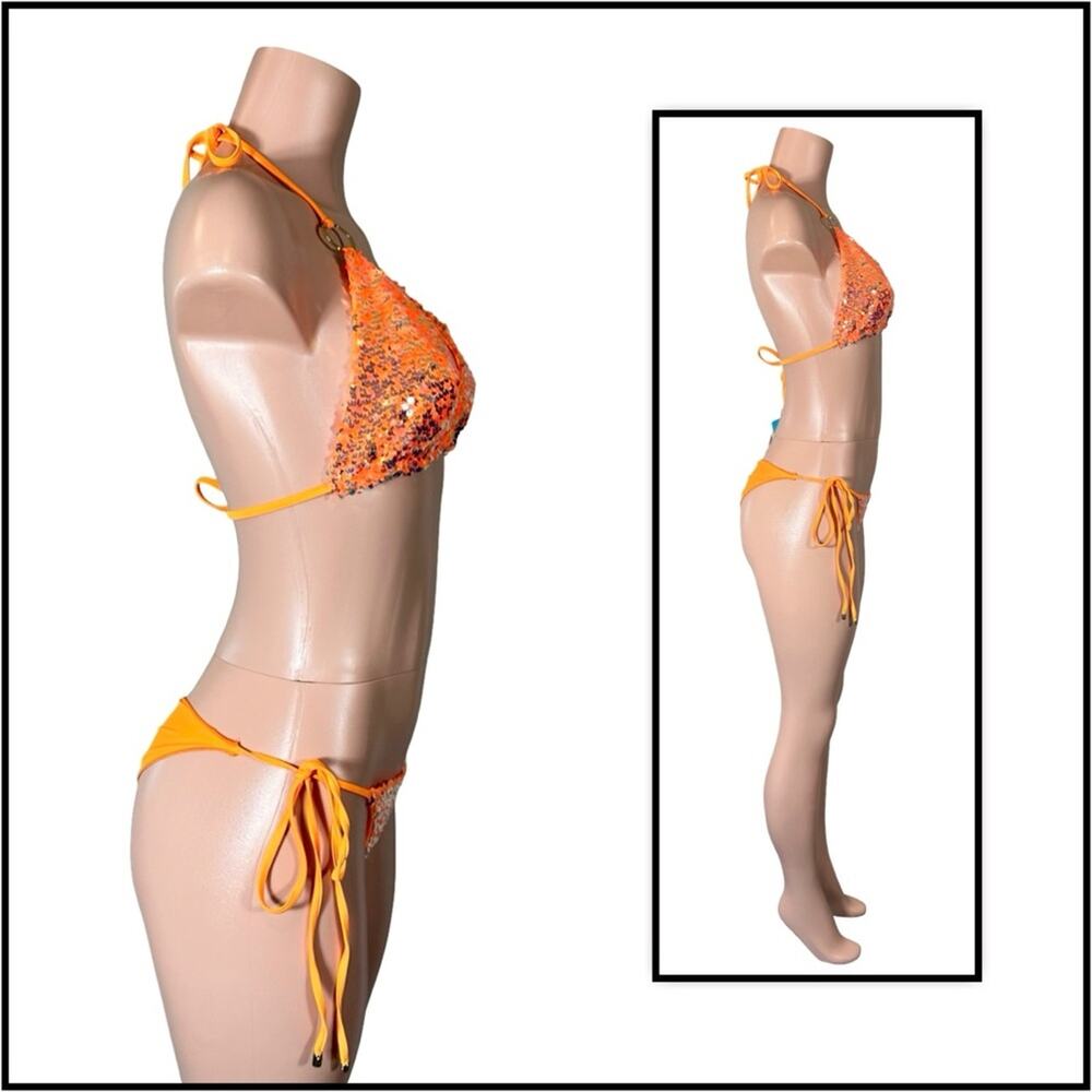 Beach Bunny Orange Icon Triangle Top DD & Icon L Tie Side Skimpy Bottom M $250 - Picture 9 of 14